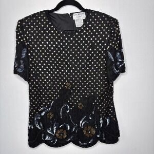 Vintage Papell Boutique Silk Sequin Top Size L Black Gold Beaded Floral